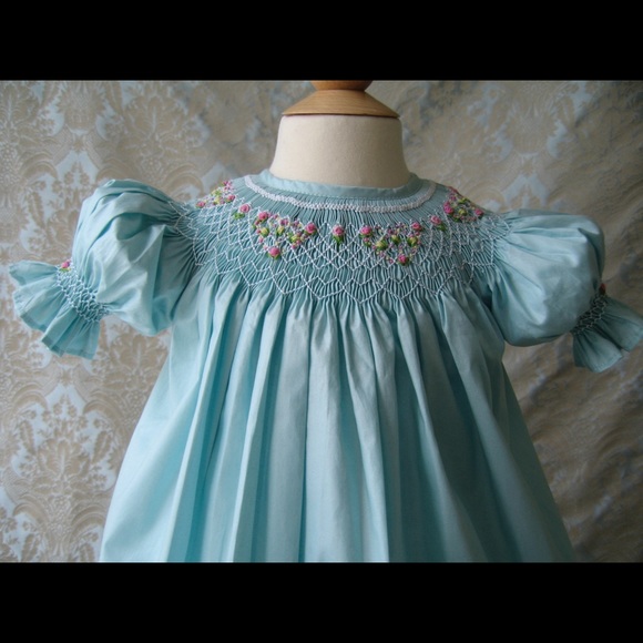 Dusty Blue Smocked Bishop Dress 100% Cotton, New - Picture 3 of 8